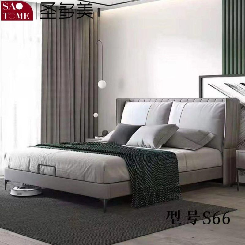 Hotel Bedroom Furniture Kaki Color Leather Solid Wood Frame Double Bed