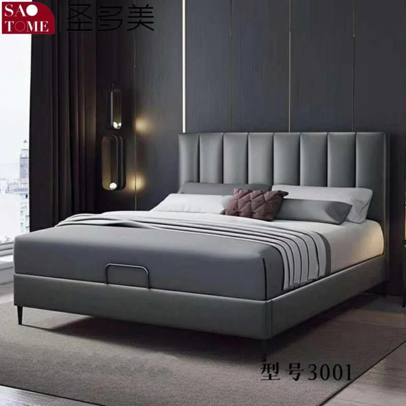 Modern Luxury Hotel Bedroom Furniture off-White Leather Solid Wood Frame Double Bed