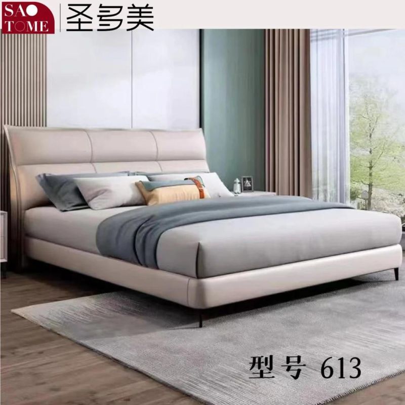 Home Furniture Champagne Leather Steel Wood Solid Wood Frame Double King Bed