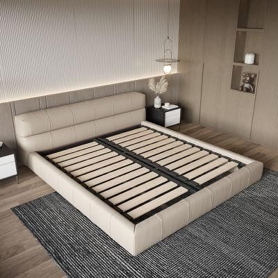 Metal Frame and Wooden Slat Light Gray Artificial Leather Wrapped Bed Bedsteads