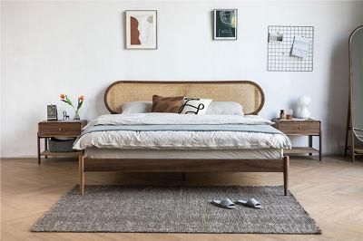 Nordic Retro Pure Solid Wood Rattan Furniture Japanese Modern Minimalist Black Walnut Double Bed 0008