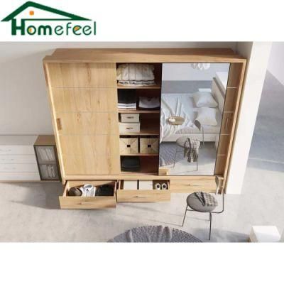 Bedroom Mirror Sliding Door Laminated Particle Board Wardrobe with 3 Drawers