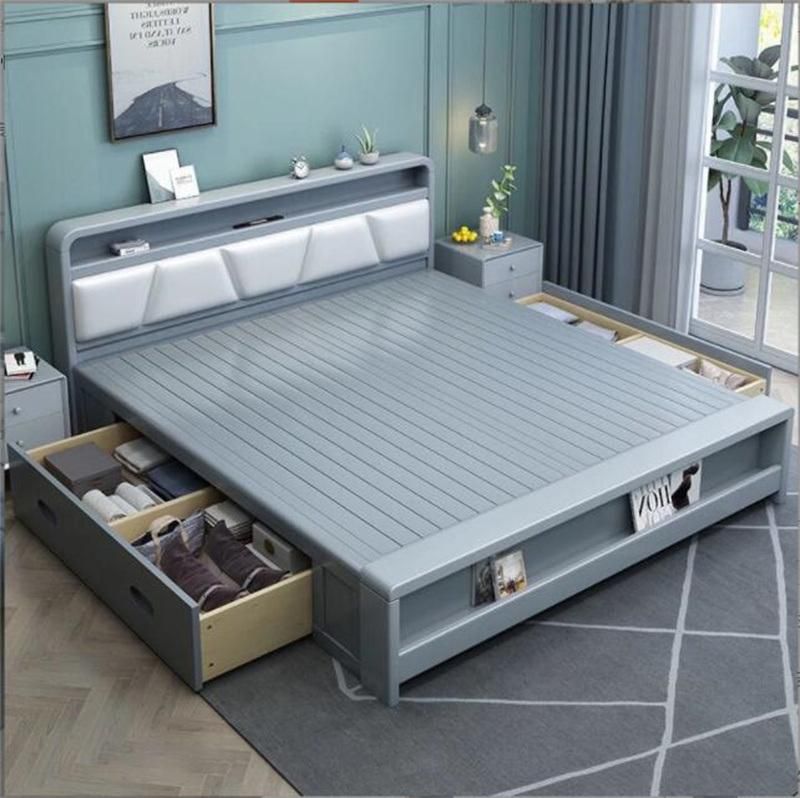 Solid Wood Bed Double Bed with Charging Function and Light Modern Bed