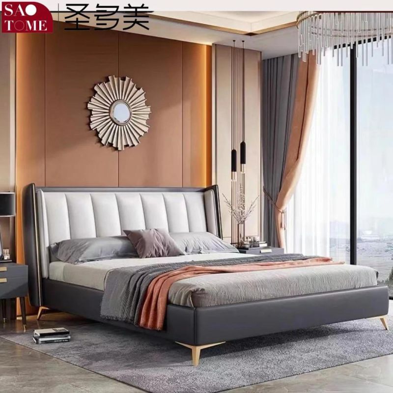 Modern Luxury Hotel Bedroom Furniture off-White Leather Solid Wood Frame Double Bed