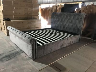 Luxury Design Bedroom Furniture Velvet Bed Fabric King Size Wooden Bed