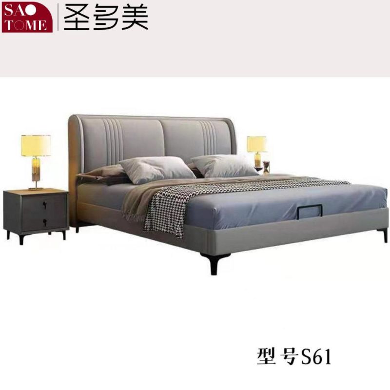 Modern Bedroom Furniture Light Pink Leather Solid Wood Frame Double Bed