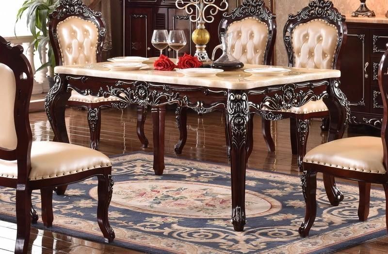 Modern Luxury Solid Wood Furniture Carve Marble Square Dining Table Set