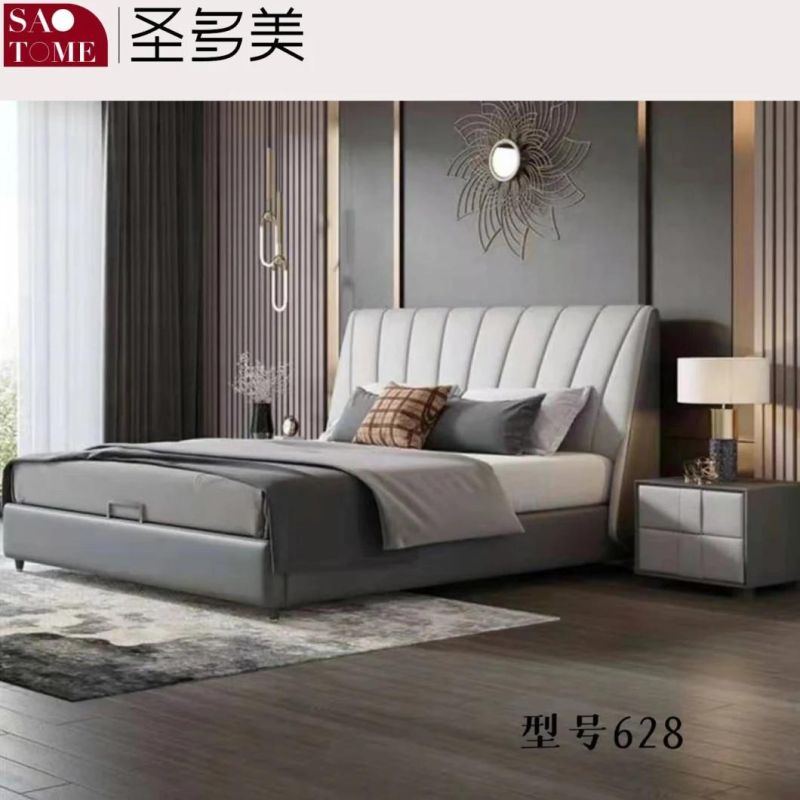 Modern Bedroom Furniture Kaqi Color Leather Solid Wood Frame Double Bed