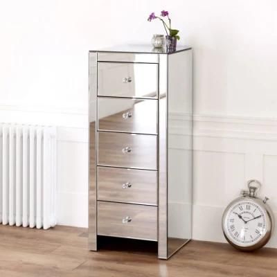 Modern Venetian Mirrored Slimline Compact 5 Drawer Tallboy Chest of Drawers