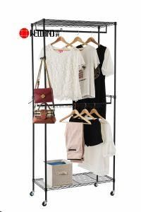 Multifunction 2 Shelves Rolling Metal Double Clothes Rails Heavy Duty Garment Rack