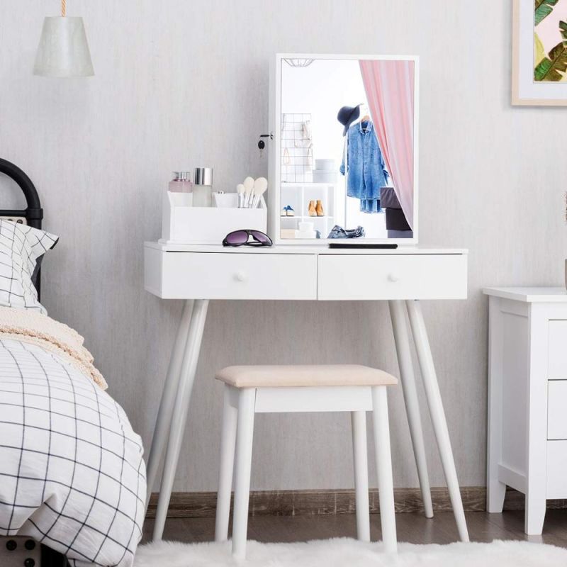 Modern Mirror Vanity Dressing Table Set with Lockable Jewelry Cabinet for Girls