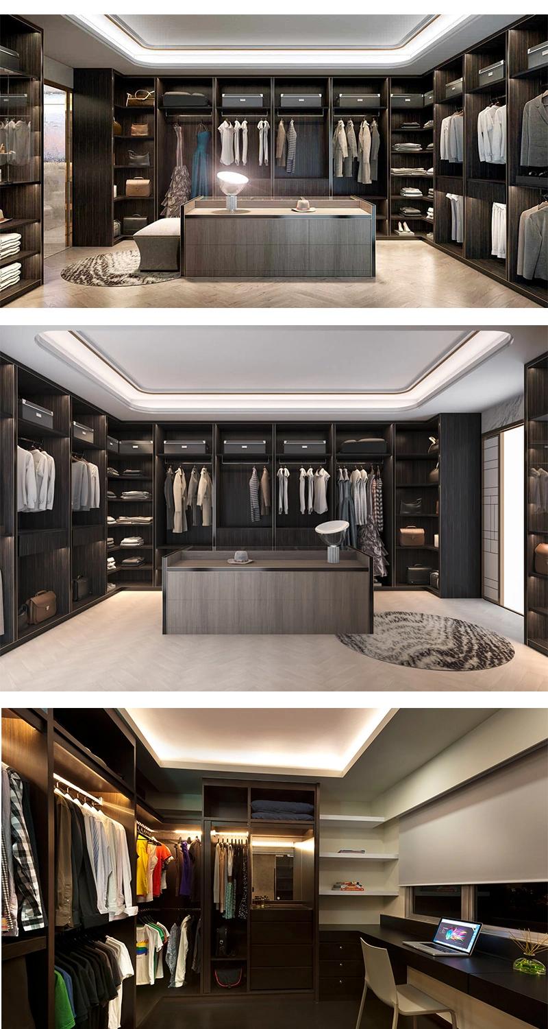 High End Walk in Closet Wardrobe with Dark Wood Melamine Finish