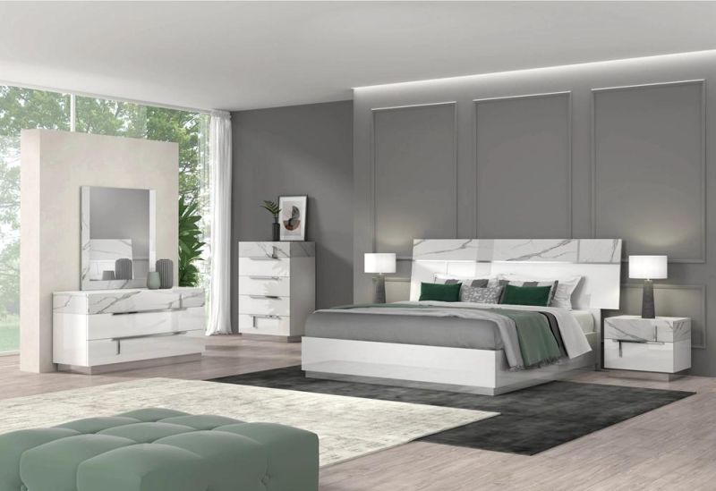 Nova Clean and Minimalistic Design Double Bed with White-Gray Striped Marble and White Gloss Finish