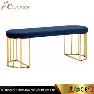 Modern Furture Blue Velvet Bench with Gold-Tong Stainless Steel Base