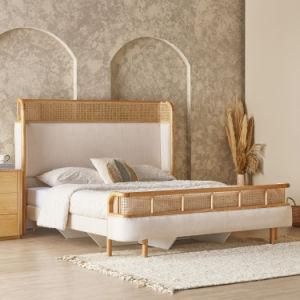 Natural Solid Wood Bedroom Furniture Sets with Woven Rattan