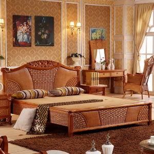 Southeast Asia Style Bedroom Furniture Solid Wood Frame Rattan Headboard Bed