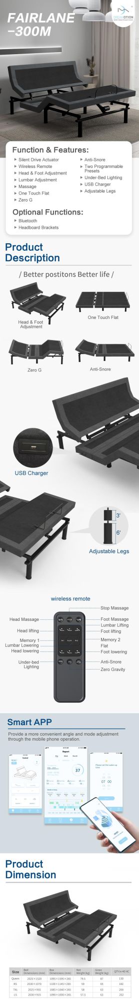 Dreamotion Massage Home Furniture Folding/Foldable Electric Smart Motor Remote Control Adjustable Bed