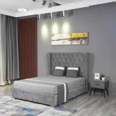 Huayang Luxury Fabric Hotel Bed at Home Double Bed with High Headboard Fabric Bed