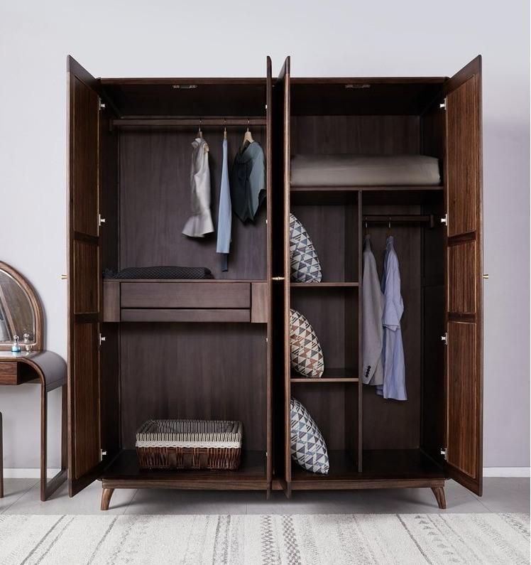 All Solid Wood Furniture Four Door Cabinet Overall Wardrobe Ebony Modern Simple Extremely Simple Light Luxury Black Walnut Color