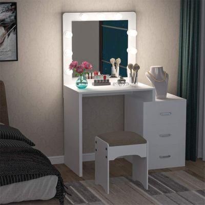 Modern Girl Wood Furniture Mirror Dressing Table with LED Lights for Bedroom