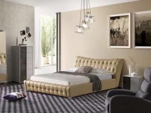 Button Modern Leather Bed with Wave Headboard