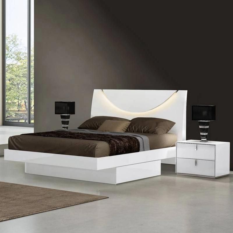 Nova U Shaped LED Headboard White High Gloss Lacquer Bed with Pull-out Storage Drawer