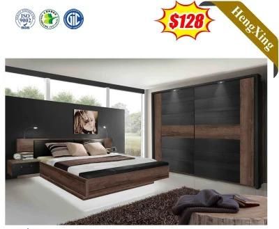 Dark Color Wooden Bed Frames Double Bed Set Designs with Bedside Table