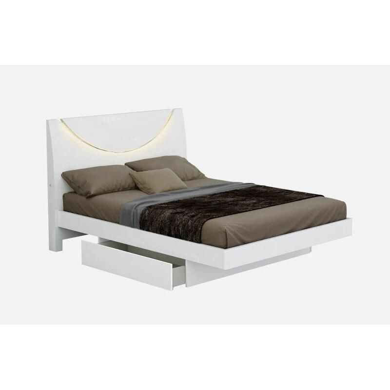 Nova U Shaped LED Headboard White High Gloss Lacquer Bed with Pull-out Storage Drawer