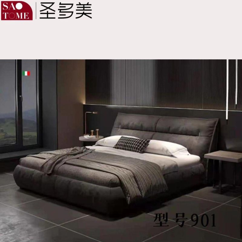 Modern Luxury Hotel Bedroom Furniture Dark Grey Leather Solid Wood Frame Double Bed