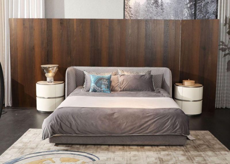 Zhida Villa Furniture Fabric Velvet Upholstered Bed Luxury Modern Hotel Bedroom King Size Solid Wood Frame High Headboard Bed