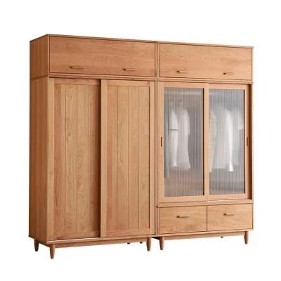 Chinese Style Solid Wood Small Family Sliding Door Glass Wardrobe