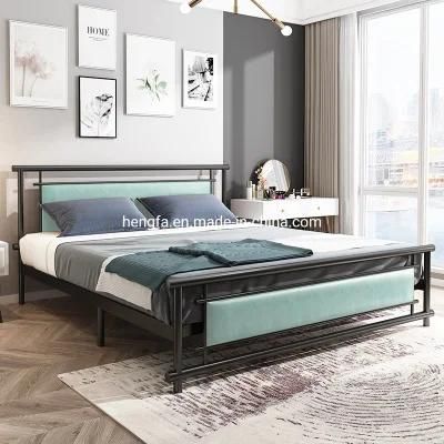 Home Bedroom Furniture Factory Velvet Fabric Upholstered Steel Double Bed
