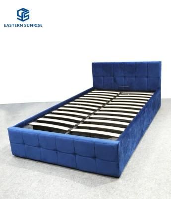 Home Furniture Simple Design Double Bed Upholstered with Blue Velvet
