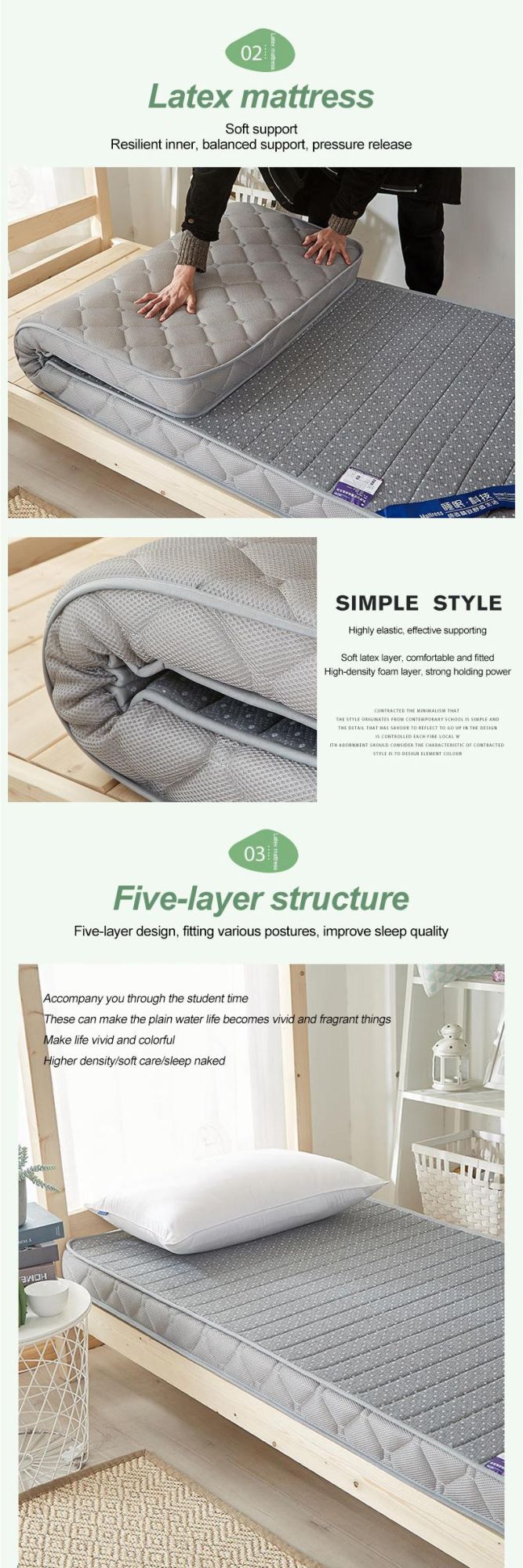 University Dorm Bed Mattress Multi-Purpose Warm Latex Layer Single