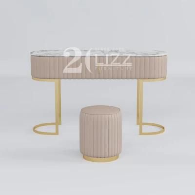 Nordic Minimalist Design Italian Luxury Style Geniue Leather Gold Metal Stool &amp; White Marble Top Dressing Table Set
