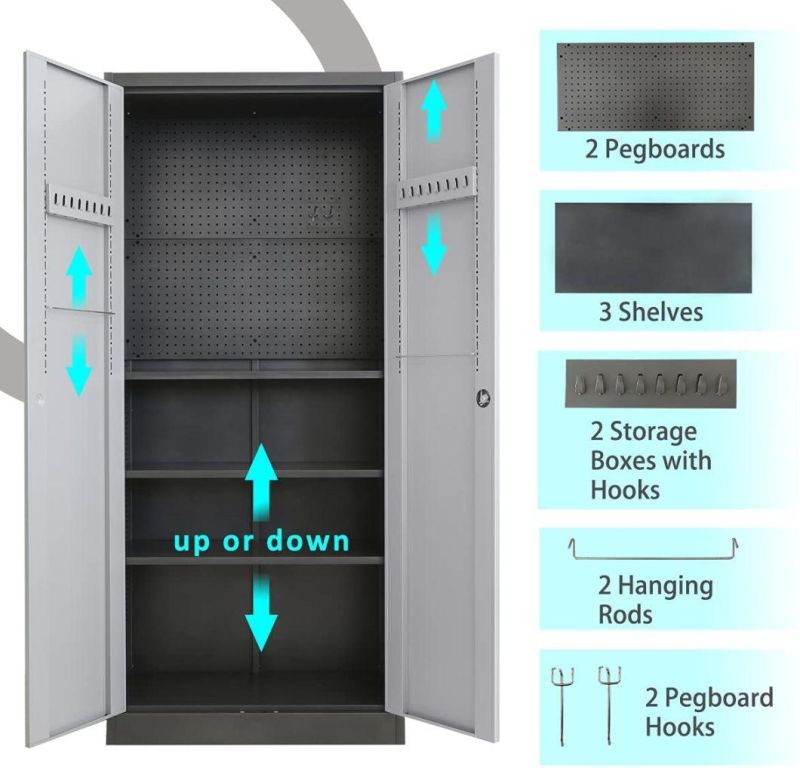 Metal Storage Cabinet with Lock Doors and Adjustable Shelves Steel Garage Storage Cabinet with Pegboard