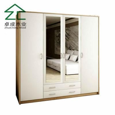 White Color MDF Faced Melamine 4 Doors 2 Drawers Wardrobe with Mirror