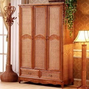 Antique Wardrobe Solid Wood Rattan Almirah Three Door Wooden Wardrobes