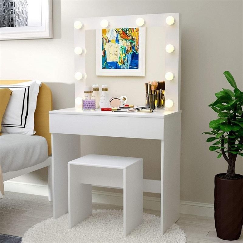 White Dressing Table with 10 Light Bulbs and Chair
