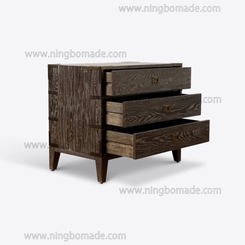Hot Sale Chinese Classic Style Furniture Ebony Oak Antique Brass Color Metal 3 Drawers Wide Nightstand