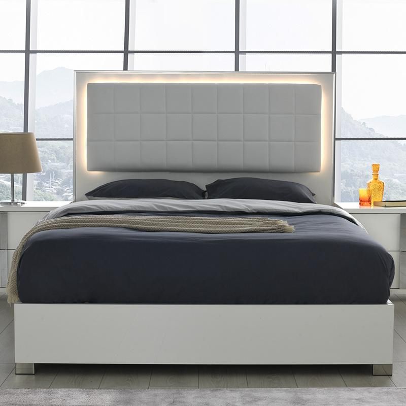 Nova White Gloss Bedroom Furniture Set with 2 Nightstands / Dresser and Mirror / LED Gloss Bed
