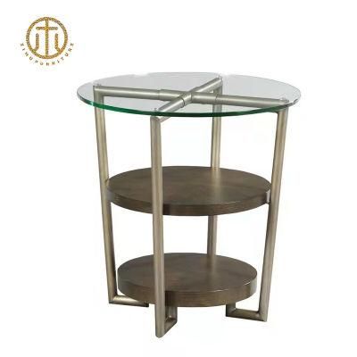 Brown Metal Frame Round Glass Table Multifunctional Bedside Table
