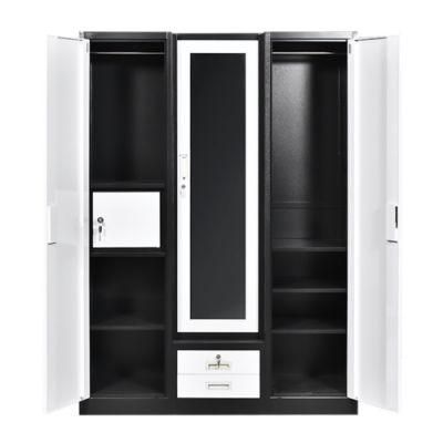 Steel Bedroom Closet Wardrobe 3 Door Locker Dressing Mirror Wardrobe with Drawer