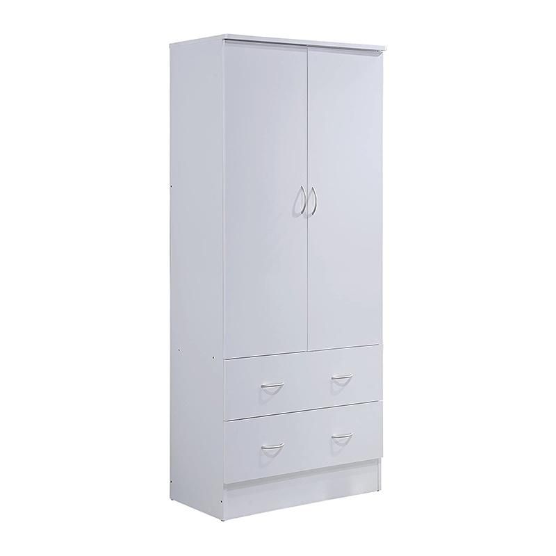 Two Door White Wardrobe with Two Drawers and Hanging Rod