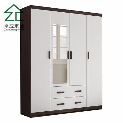 White Color MDF Face Melamine Four Doors Wardrobe with Mirror