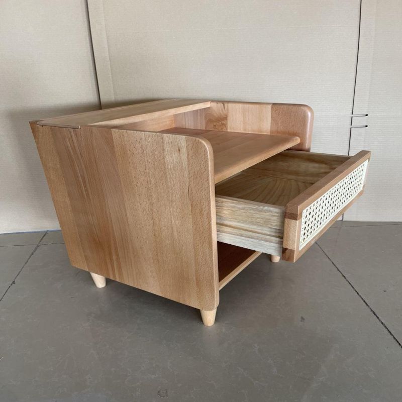 Living Room Furniture Nightstand Side Table with Solid Wood Varnish, Rattan Drawer Design35*51*42cm