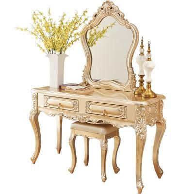 Wood Carved Gold Color Dresser with Stool for Bedroom Furniture