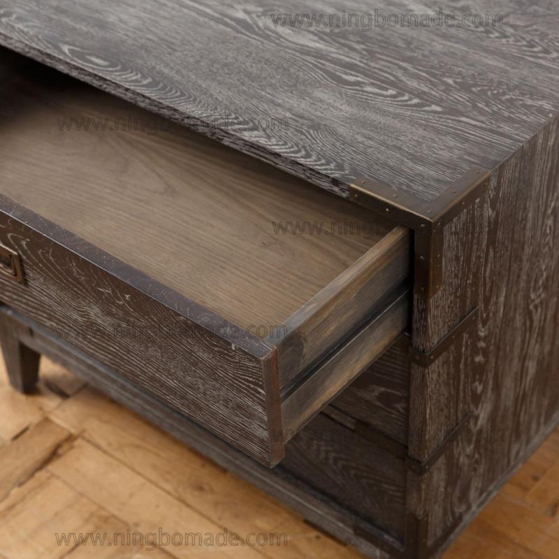 Hot Sale Chinese Classic Style Furniture Ebony Oak Antique Brass Color Metal 3 Drawers Wide Nightstand
