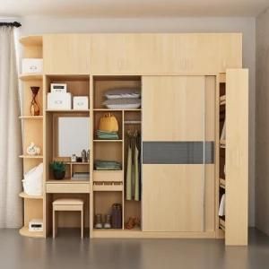 Walk in Latest New Interior Designs MFC Birch Color Bedroom Wall Hanging Wardrobe with Sliding Door and Dressing Table Mirror