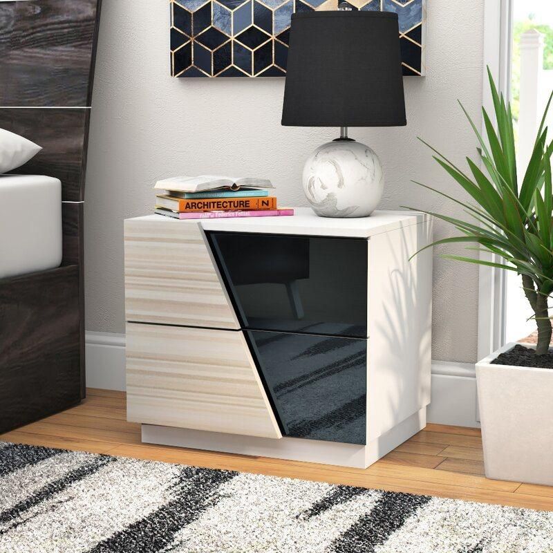 Nova Bedroom Side Table Modern Wooden Bedside Table Nightstand with Drawers and Mirrored Cover